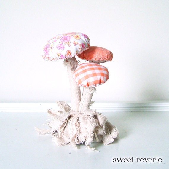 Woodland Vintage Textile Mushroom Fungi Cluster with Moss Fabric Soft Sculpture in Tan Tangerine Pink Yellow Mint, Nursery Baby Photo Prop