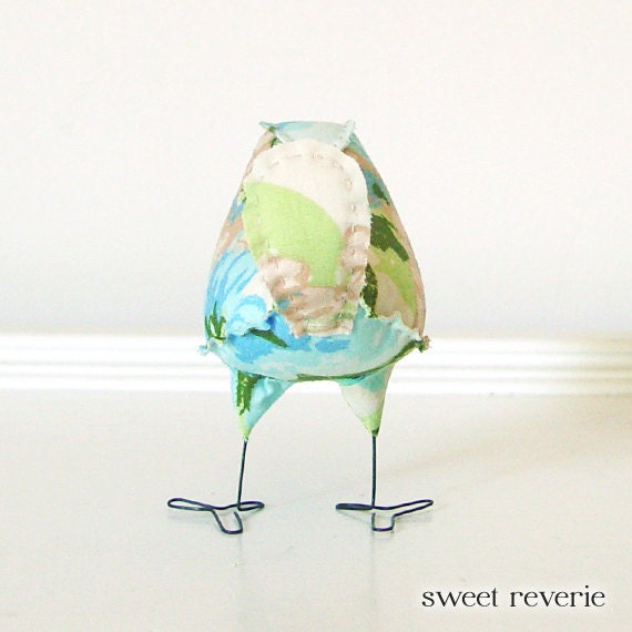 Ramona - Fabric Bird in Vintage Mint Blue Aqua Green and Tan Floral, Wedding Cake Topper Love Bird, Baby Nursery Decor, Flower Garden