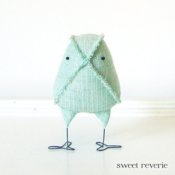 Ida - Fabric Bird in Vintage Mint Green and Tan, Wedding Cake Topper Love Bird, Baby Nursery Decor, Soft Sculpture - Made to Order