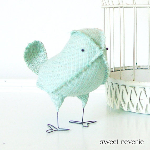 Ida - Fabric Bird in Vintage Mint Green and Tan, Wedding Cake Topper Love Bird, Baby Nursery Decor, Soft Sculpture - Made to Order