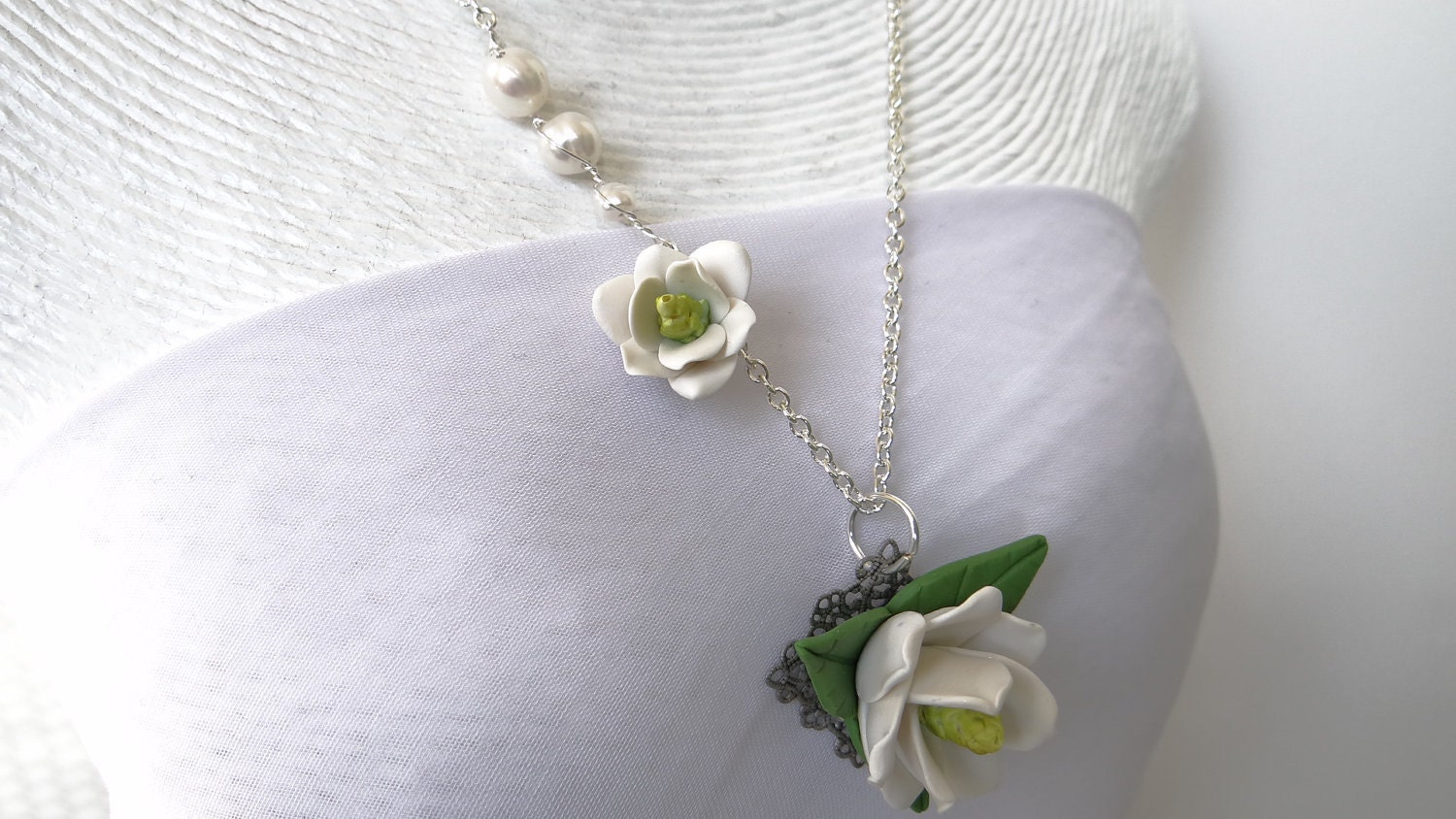 Southern Magnolia Necklace, White Flower Necklace, Mother's Day Gift, Southern Wedding Jewelry Theme