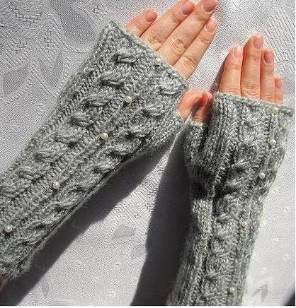 Fingerless Gloves Knitted long, grey color, fall winter wear, cable design