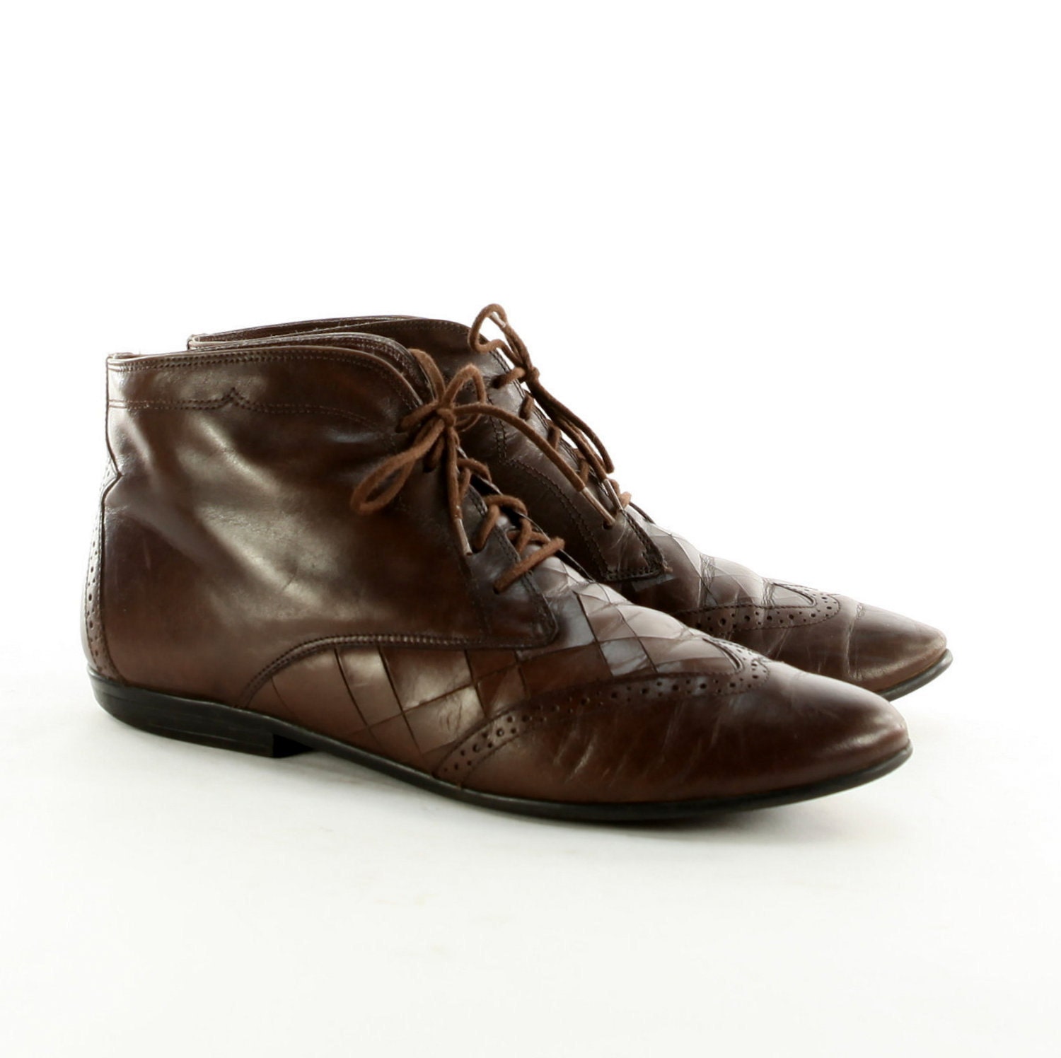 Vintage Grannies: Brown Leather Ankle Boots. Diamond Cuts and Perforated Wingtips. Made in Brazil by Naturalizer. Size - Womens VTG US 7.5 M
