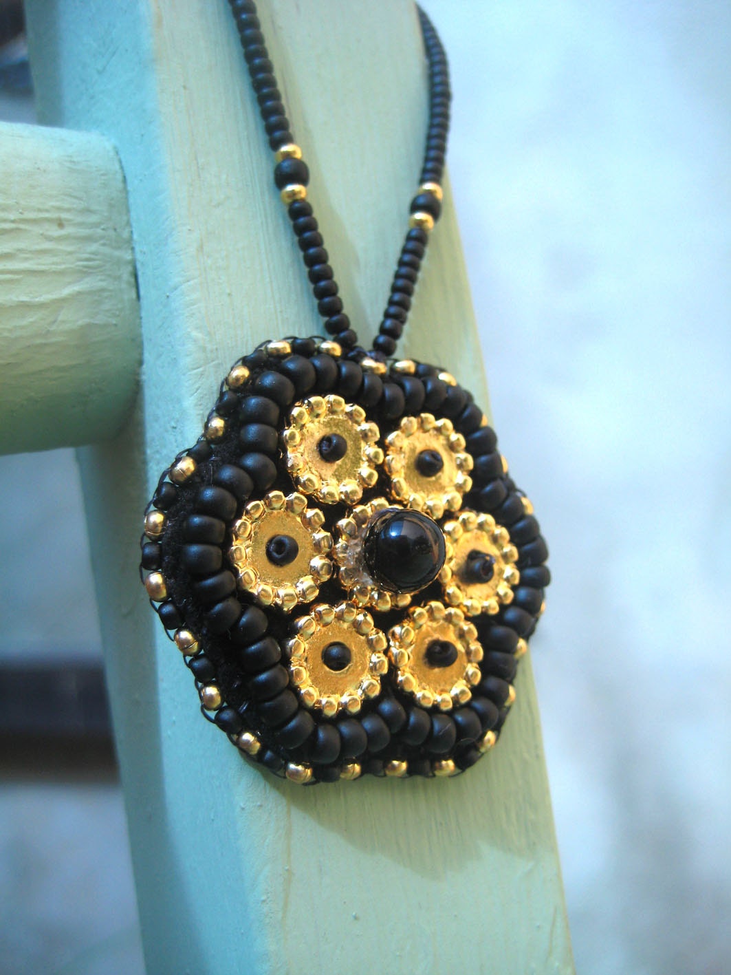 GOLDEN HEART FLOWER - Gold black special beaded necklace - Tribal boho style -  Bold elegant necklace- hand embroidered necklace