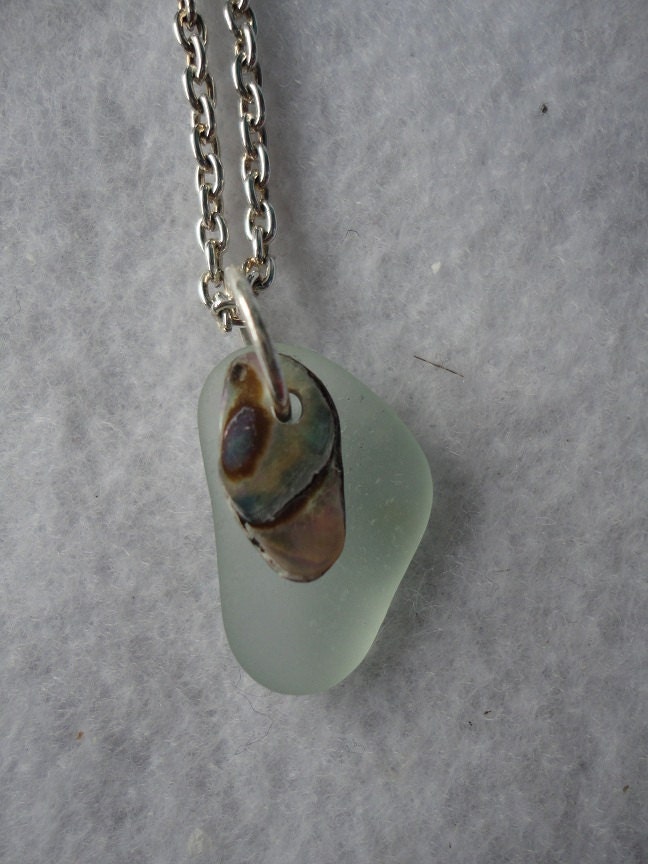 Seafoam green sea glass and abalone seashell necklace