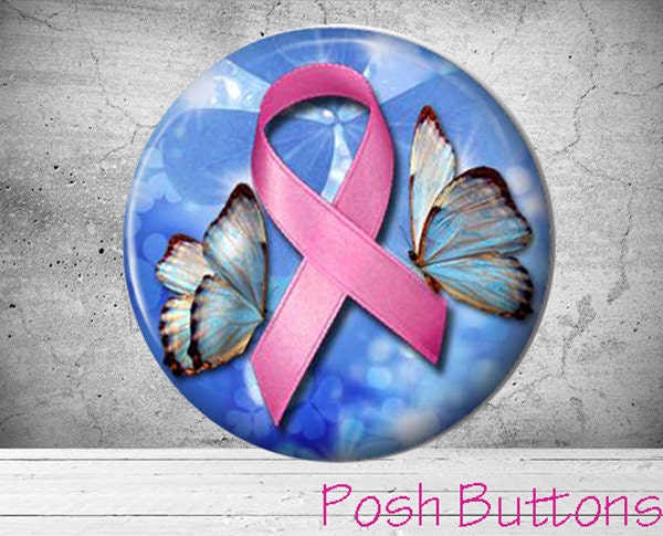 1.50 inch Breast Cancer Awarenes Pinback Button with blue butterflies and pink ribbon which can be personalized with any name or initial.