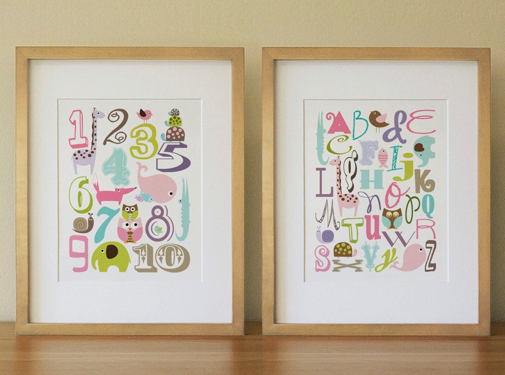 Alphabet Number Animals Nursery Wall Art Print, Baby Girl, Kids Room Decor Poster, Set of two