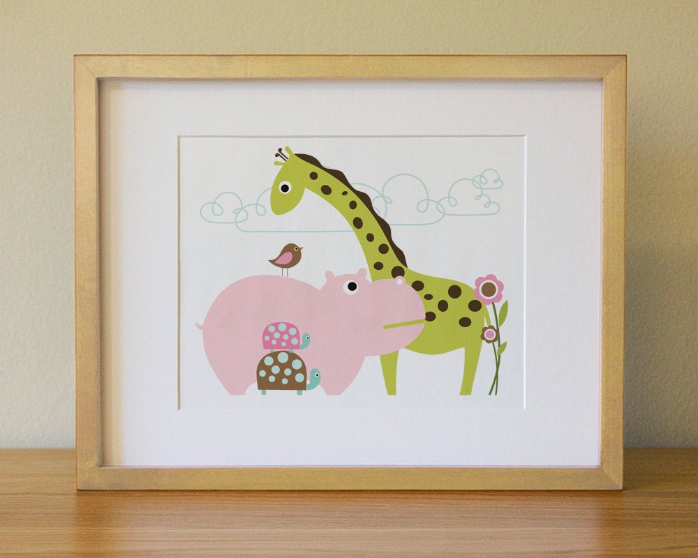 Hippo Giraffe and Turtle . Baby Nursery Wall Art . Children Wall Art