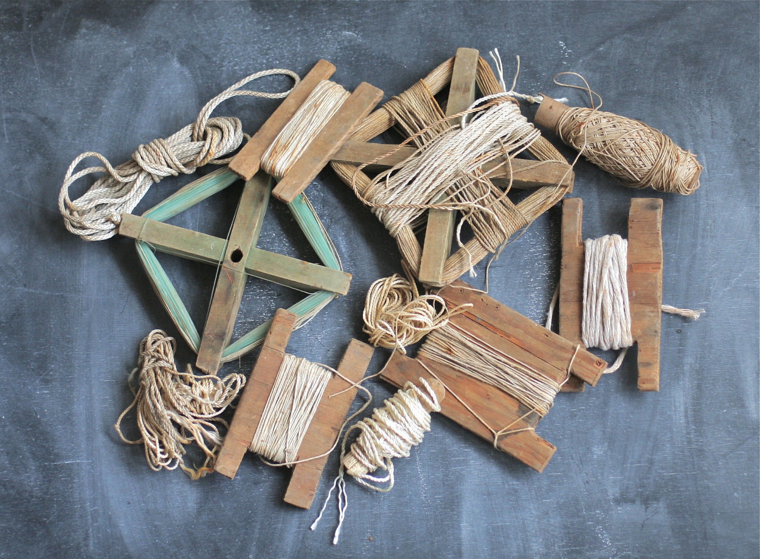 Vintage String Scraps Remnants Wooden Holders
