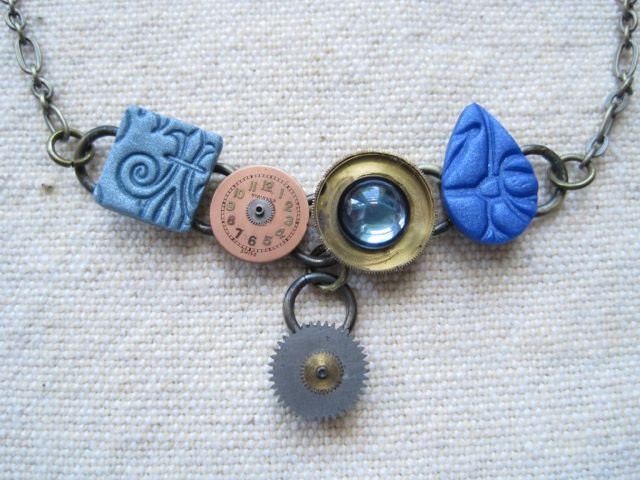 Stamped polymer clay mixed media upcycled CVB necklace - blue - Lake Superior