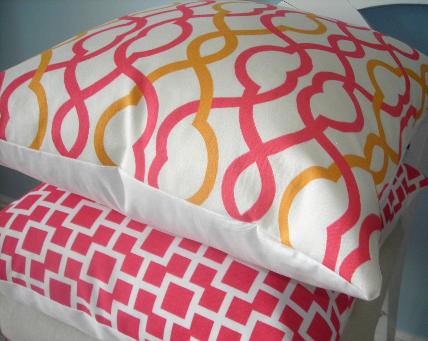 Coral and Orange Trellis Geometric Pillow Cover 16 x 16