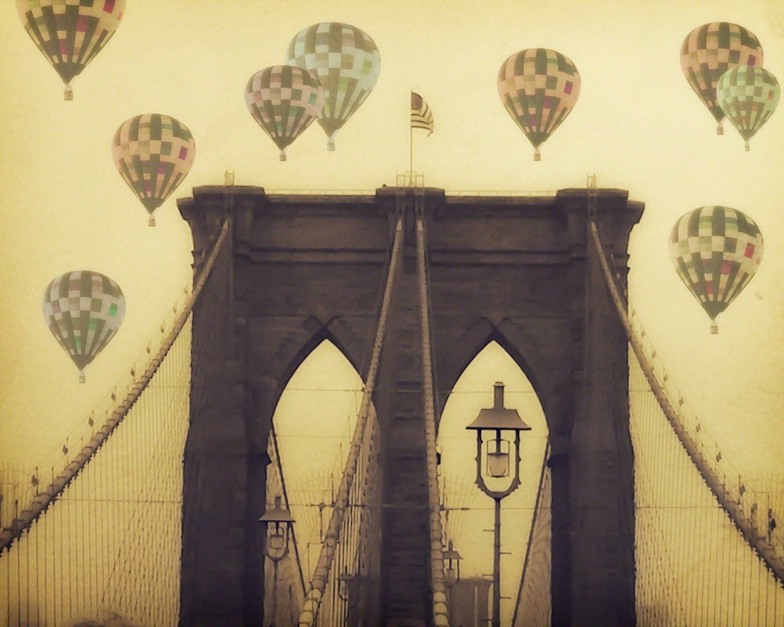 Brooklyn Bridge - 8x10 photograph - "Balloons over the Bridge" - fine art print - vintage photography - Hot Air Balloons - whimsical
