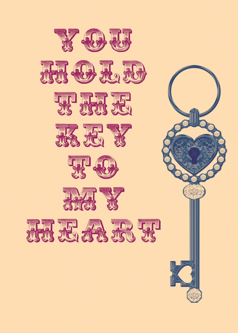 Valentines Card - Digital Download - Vintage key - "you hold the key to my heart" - romantic - love