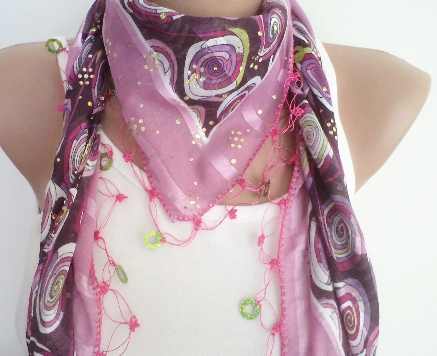 women accsesories, women scarf, beaded lace, pink and purple triangle scarf,stylish accessory,thin scarf, women fashion - BloomedFlower