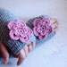 Gloves, Fingerless, Handmade Crochet Fingerless gloves, with pink flower, Women accessories. Grey Gloves, Women accessories