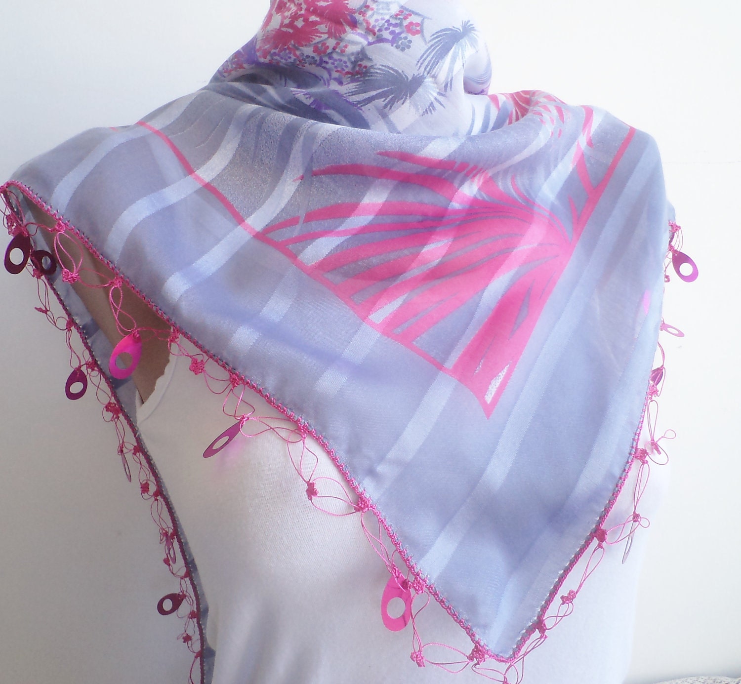 beaded lace, grey, pink triangle scarf,stylish accessory,thin scarf, women fashion