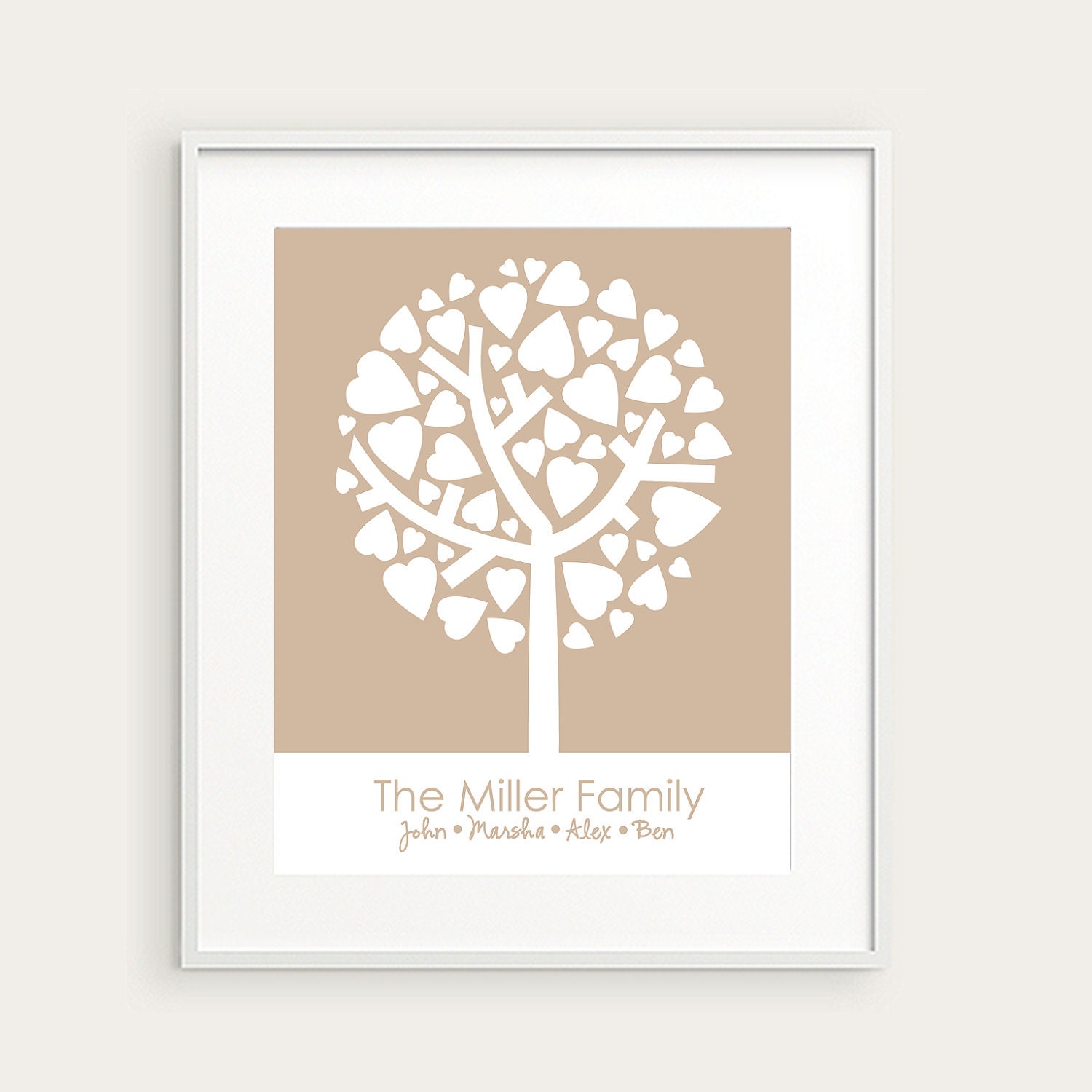 Personalized Family Tree Art with Hearts, Anniversary or Christmas Gift, Taupe and White You Choose Colors, 8x10