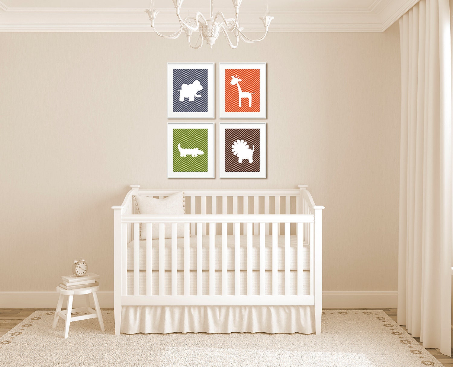 Safari Nursery Decor, Chevron Animal Silhouettes - Set of Four 8x10 Kid's Art Prints, Elephant, Giraffe, Crocodile, & Lion - You Pick Colors