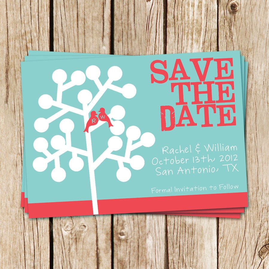 Custom Wedding Save the Date Card - Lovebirds in a Tree - You Choose Colors - Personalized Printable Wedding Invitation
