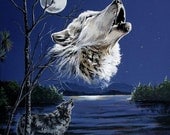 Wolf howling full moon blue night sky gray wolf water front reproduction by Artist Cathy Cooksey
