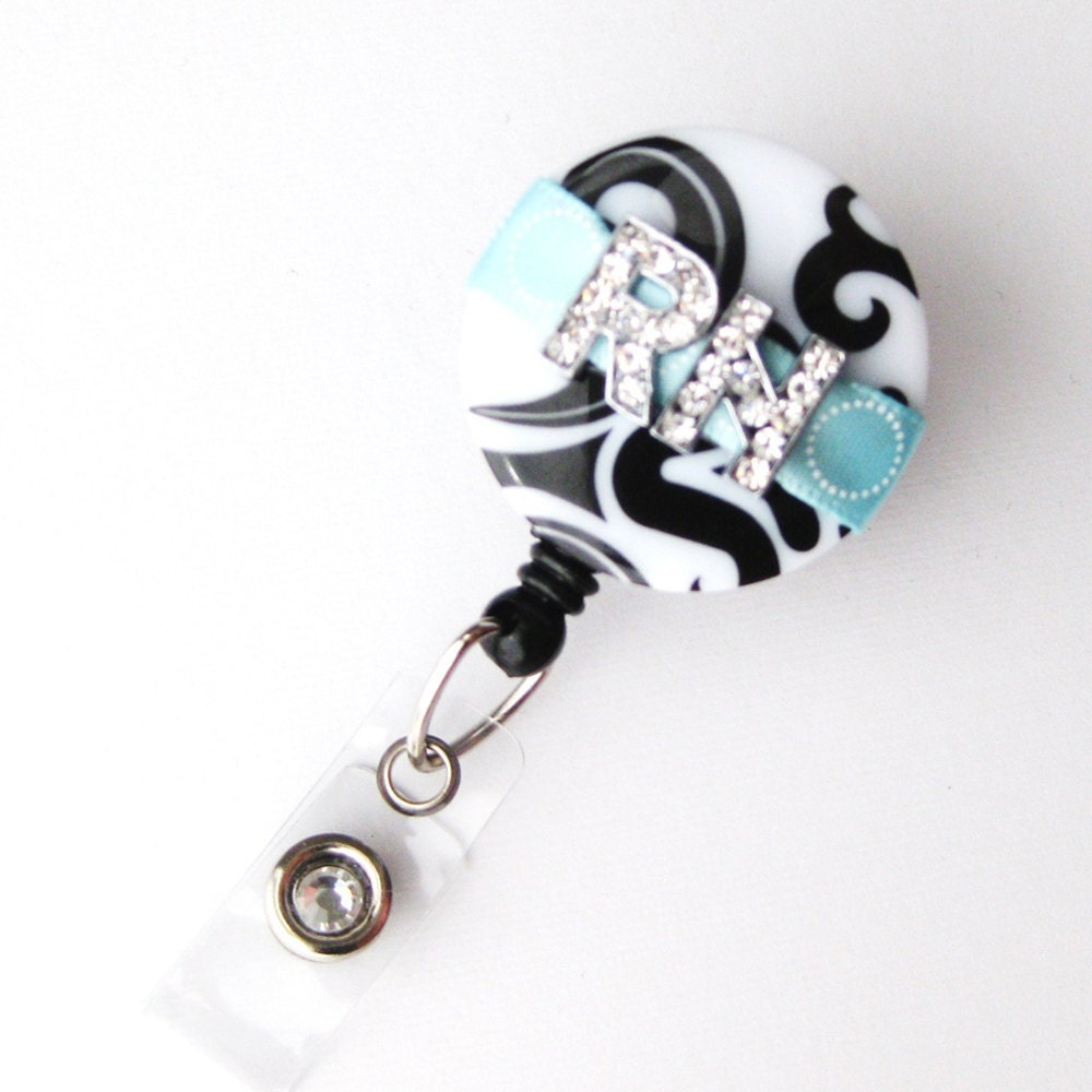 RN Aqua Bling Damask - Pretty Badge Holder - Stylish ID Badge Clip - Personalized Badge Reel - Nurse Jewelry - BadgeBlooms
