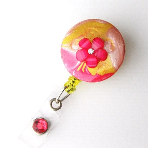 Pink Lemonade - Unique Badge Reels - Designer ID Holders - Trendy Hand Painted Badge Reel - Retractable ID Clips - Nurse Gift - BadgeBlooms