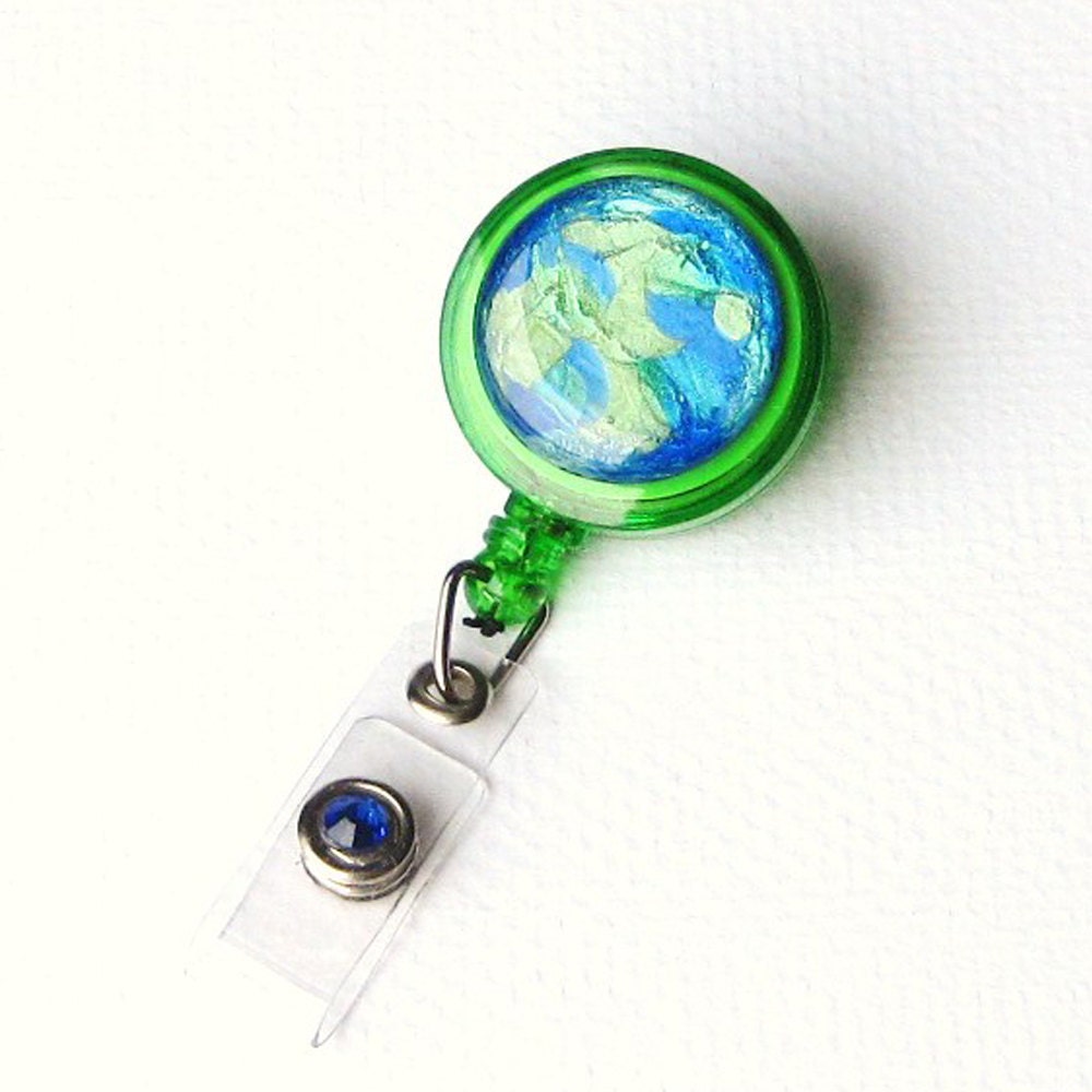 Green and Blue Swirl Retractable Badge Reel - Hand Painted - Unique Badge Reel - Decorative Badge Holder - Gift Under 10