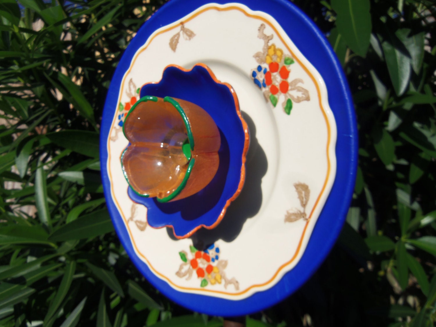 SALE SALE SALE Garden Decor - Glass Flower Garden Art Hand Painted in Blue, Orange and Green - Suncatcher - Lawn Ornament