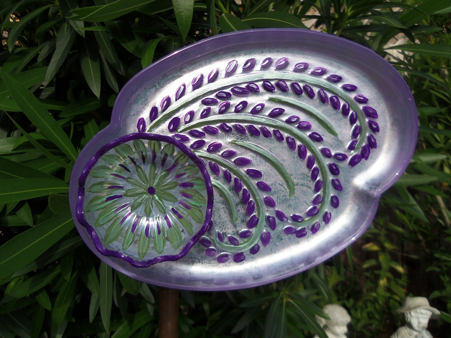 Garden Decor - Glass Flower Garden Art Hand Painted in Purples & Greens - Suncatcher - Lawn Ornament
