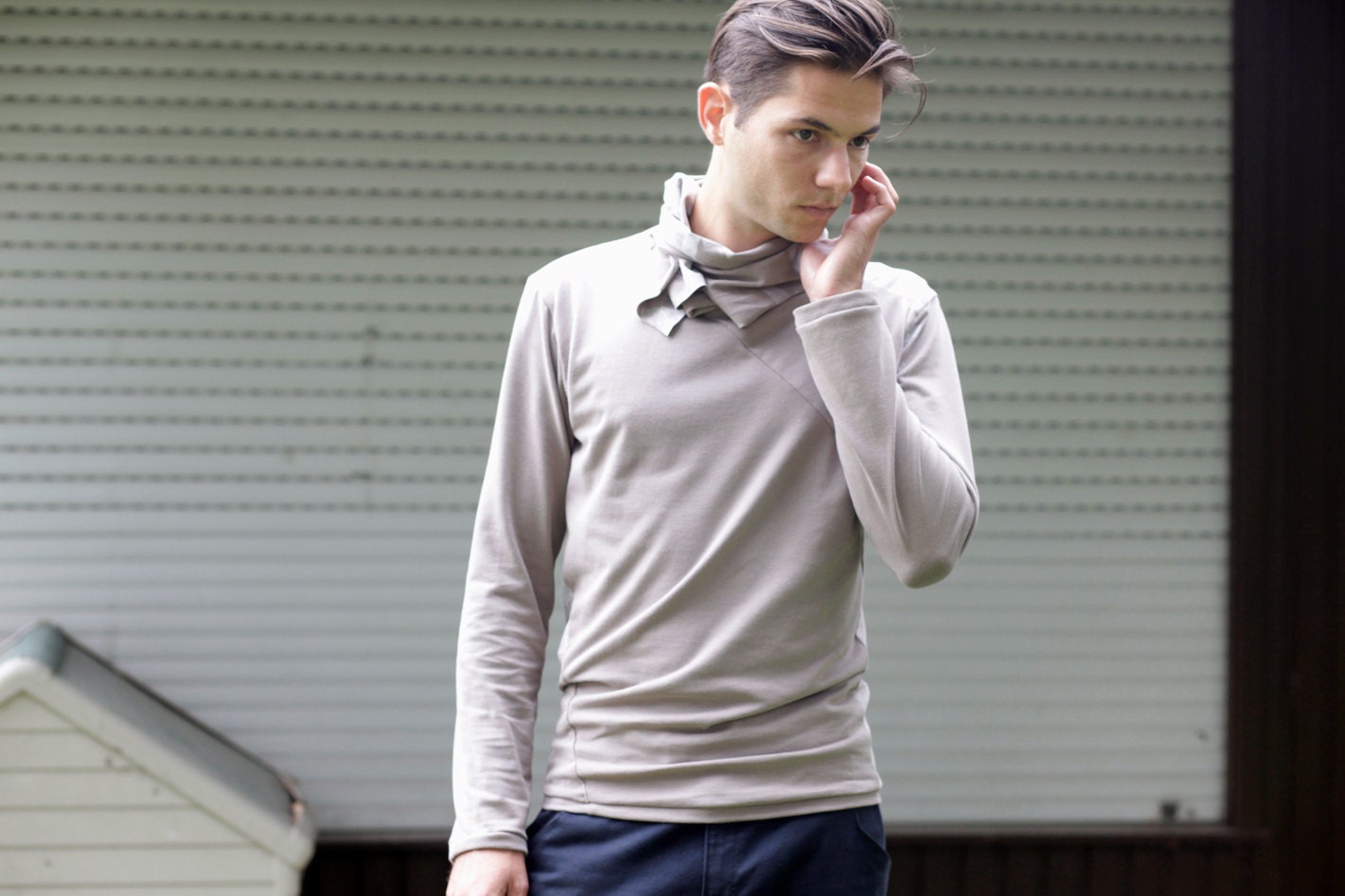 shirt, fashion, menswear, pullover, sweater, longsleeve beige, café au lait colour, size S/M & M/L