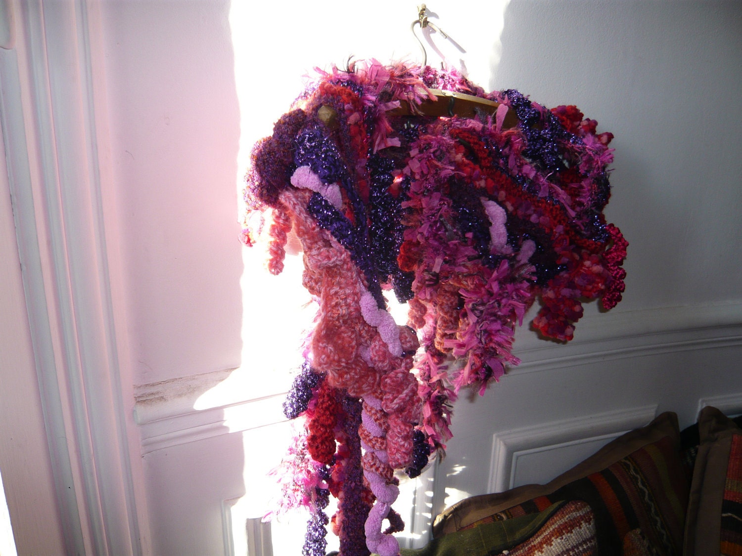 hand made crochet scarf called crazy scarf,pink, red,violets - lamamadesmatous
