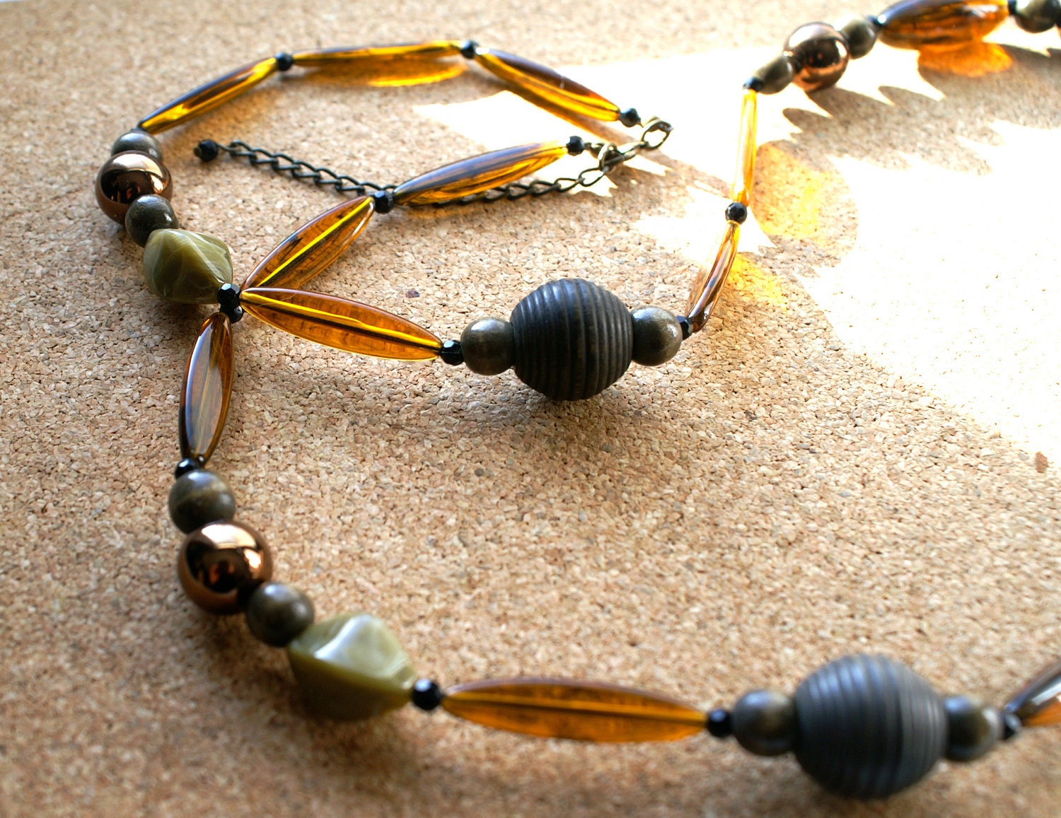 Amber Lucite Necklace with Wooden Beads