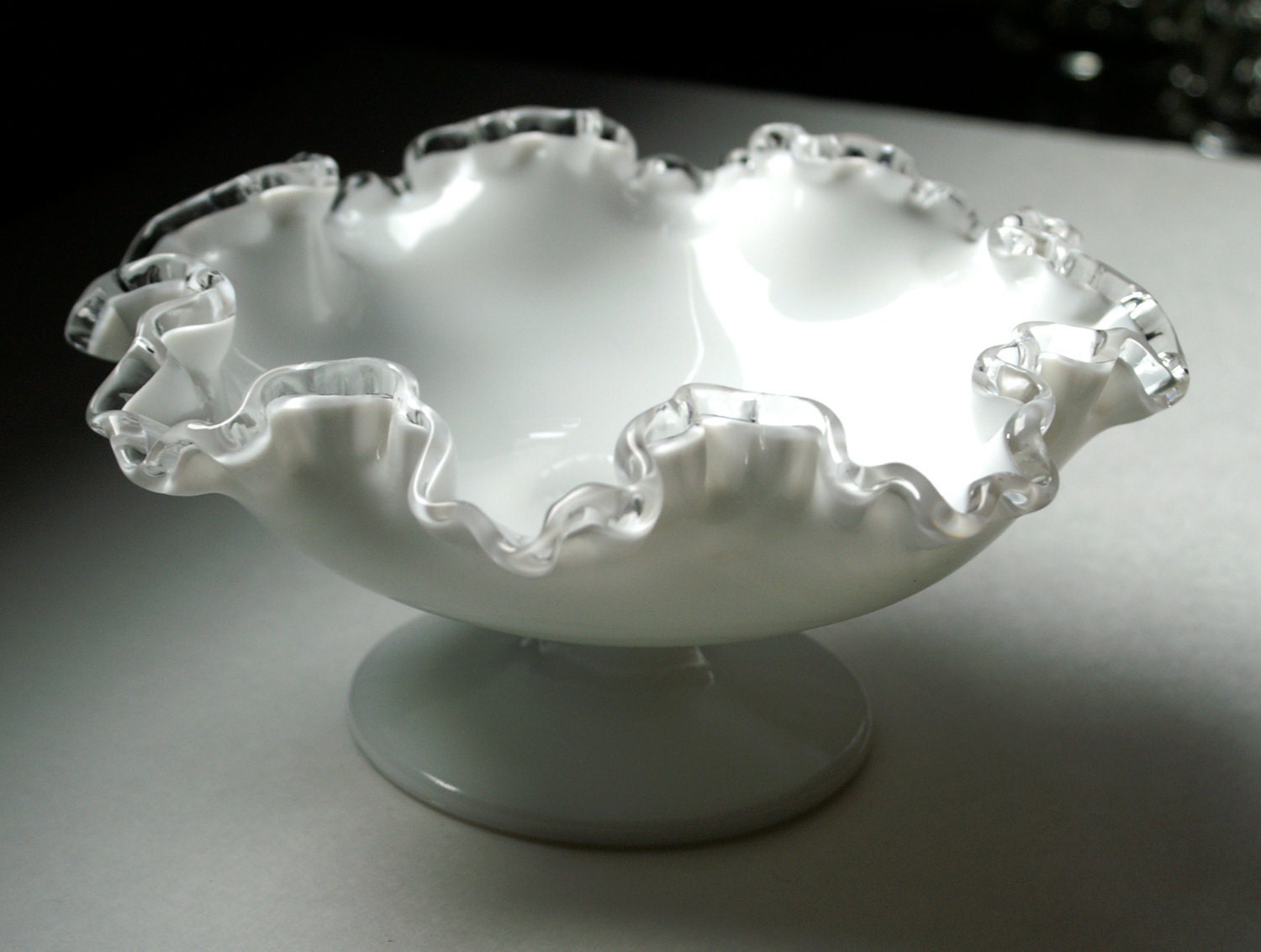 Fenton Crystal Milk Glass, Silver Crest Pattern, Footed Comport, Fruit Sweets Dish