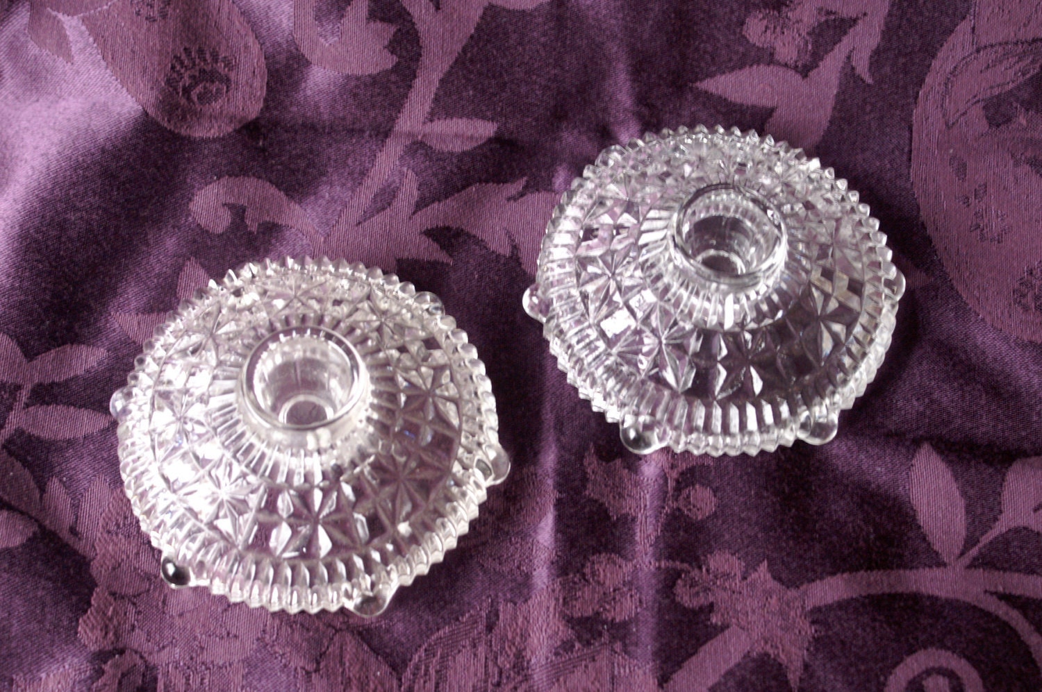 Vintage Pressed Glass Candle Holders, Round Pattered Taper Candle Holders