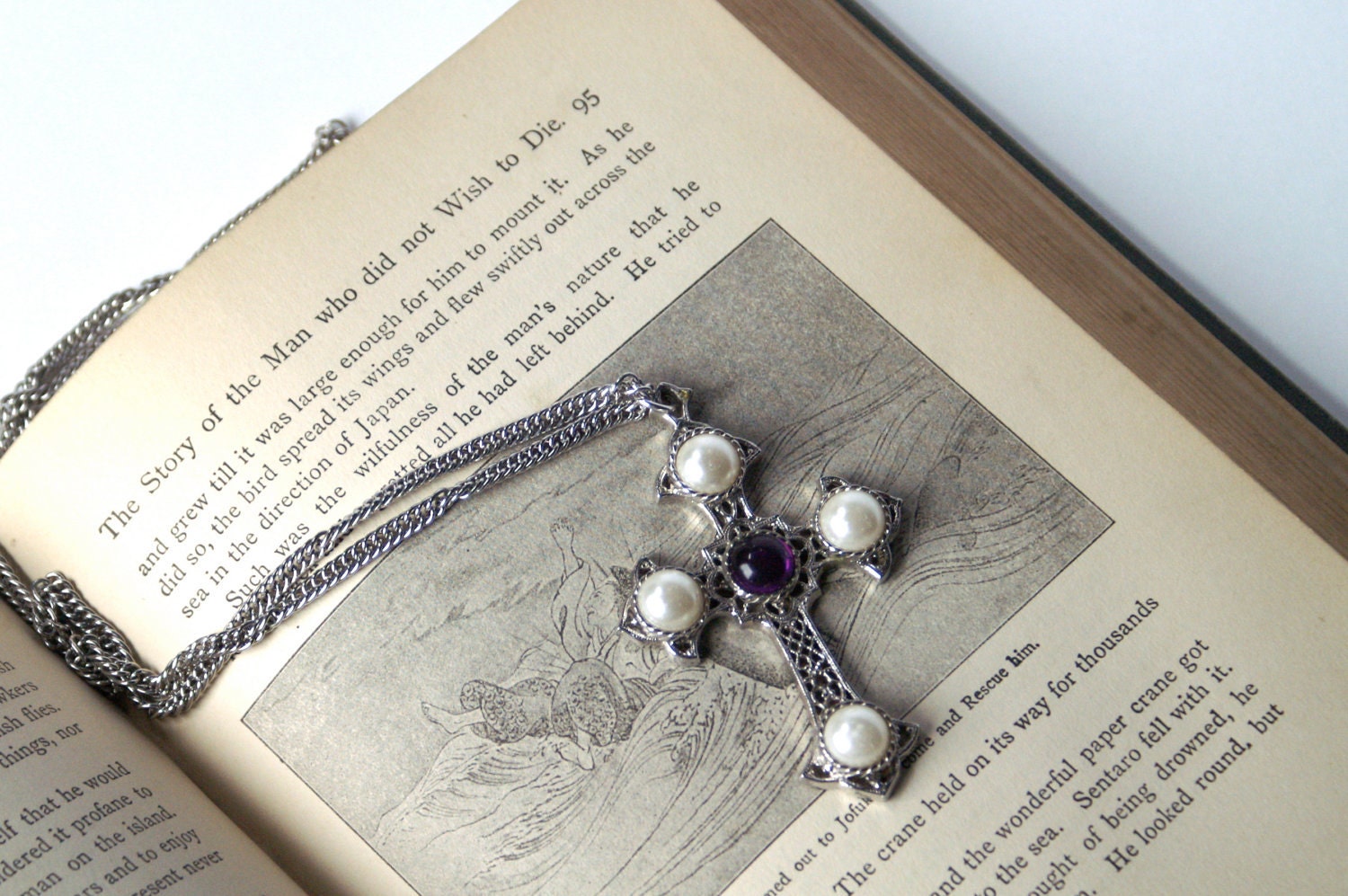 Vintage Cross Necklace Sarah Coventry Silvertone Filigree Large Pendant & Chain Faux Pearls and Amethyst Cachobons - Medieval/Gothic Look