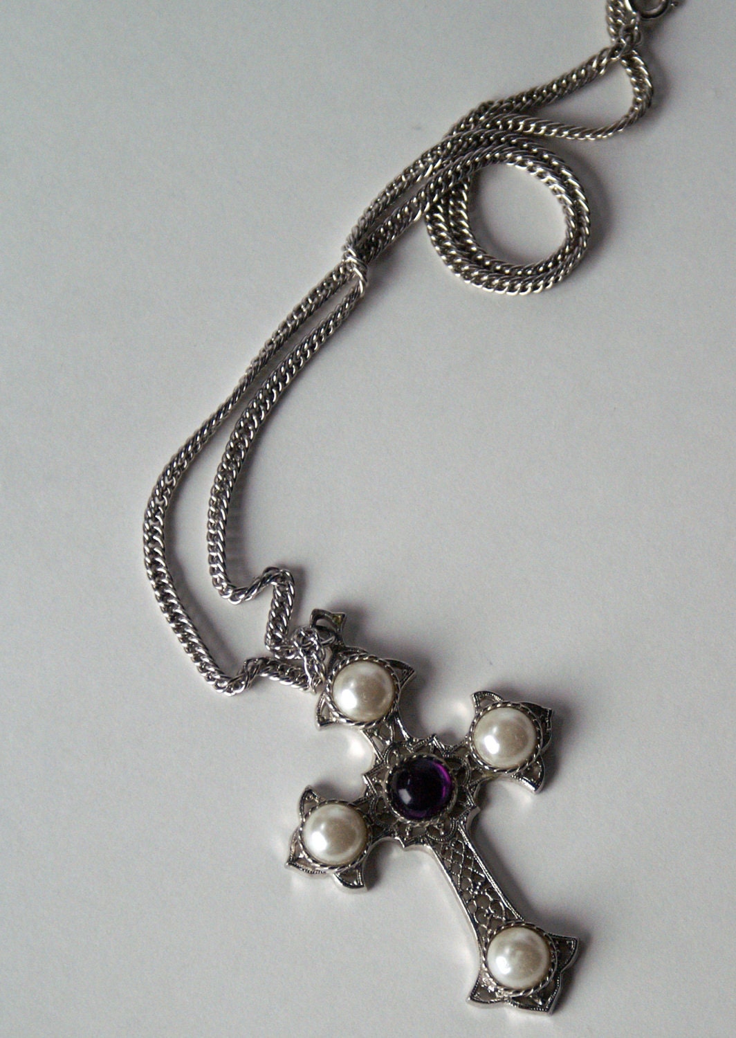 Vintage Cross Necklace Sarah Coventry Silvertone Filigree Large Pendant & Chain Faux Pearls and Amethyst Cachobons - Medieval/Gothic Look