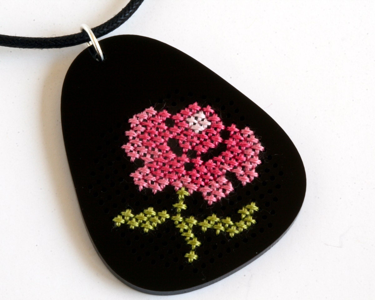 Cross Stitch Embroidery Necklace, Black Acrylic with Antique Pink Flower Design