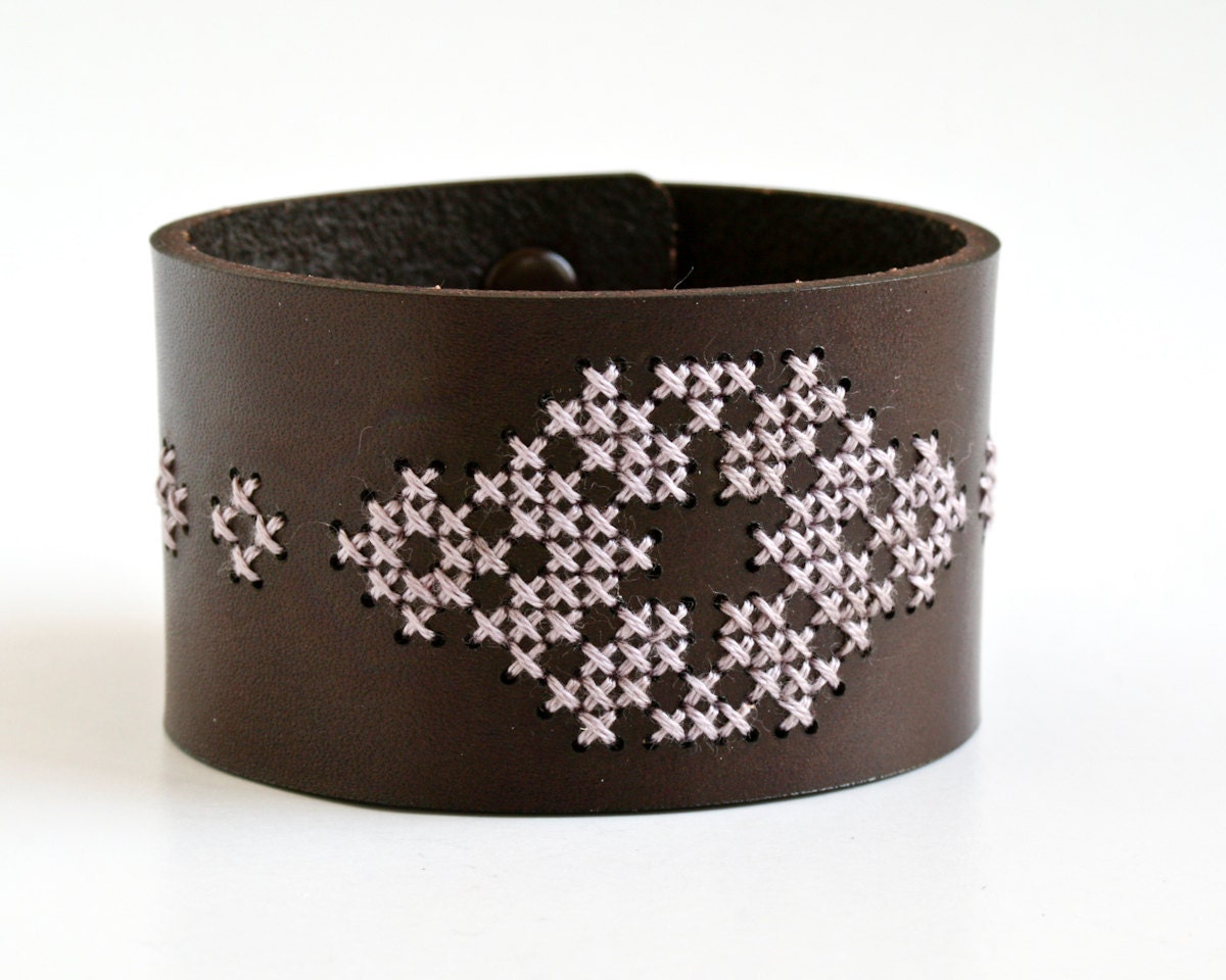 DIY Kit - Cross Stitched Leather Cuff, Dark Brown Leather with Folk Art Design - RedGateStitchery