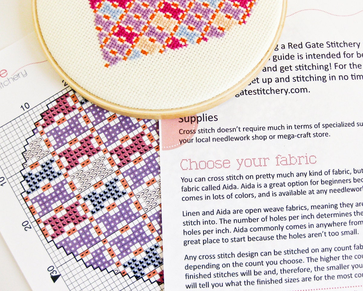 Patchwork heart cross stitch pattern PDF - pink, purple, orange, and blue