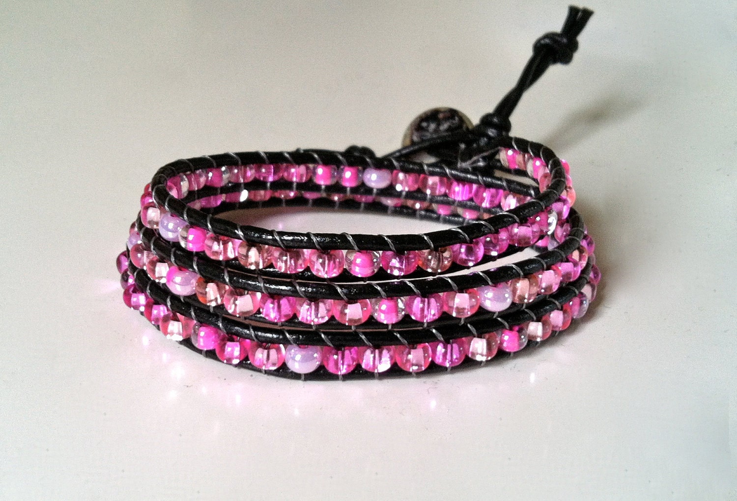 Beaded Leather Wrap Bracelet (3 Wrap) - Mixed Pink Glass