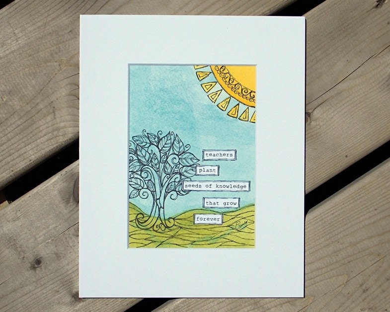 Original Watercolor - Ink - Mixed Media - Matted - Painting - Art - Teacher Gift - Seeds of Knowledge - 5x7