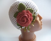 Beanie in White with Pink Flower for Children To 5 Cotton Crochet OOAK