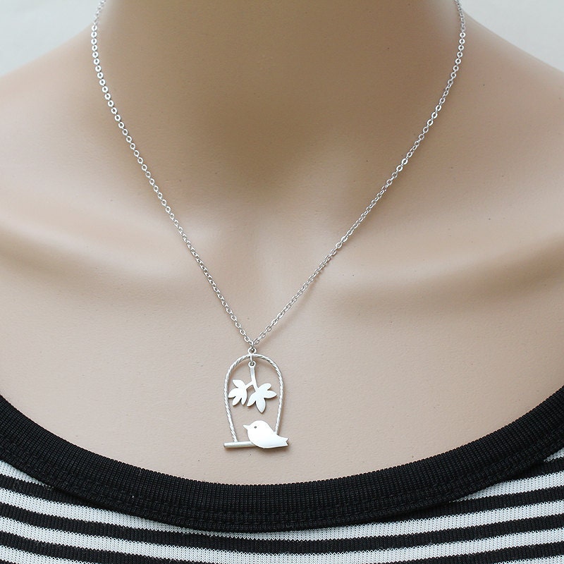 Matte Rhodium Bird, Leaf, on a Swing and Sterling Silver Chain, Necklace