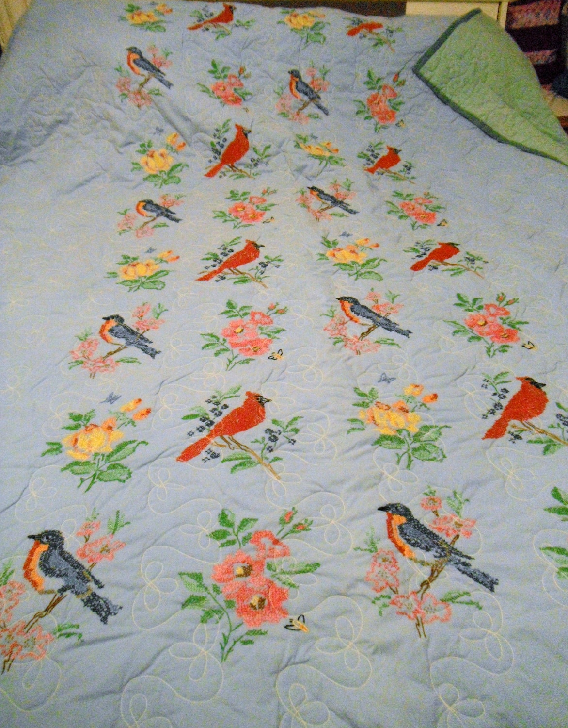 Hand embroidered flowers and bird vintage quilt.  PRICE REDUCED - Bobbejo