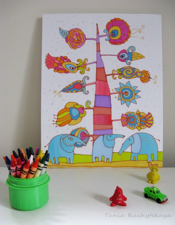 Original painting on silk. Wall Art. Painting for kids room. Room Decor. Baby nursery art. Illustration on  fabric. Elephants. 14'' x 11''