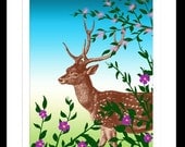 Deer in the Woods with Flowers Vintage Art Print Full Color Plate 8x10 inch or A4 Poster Sign P124
