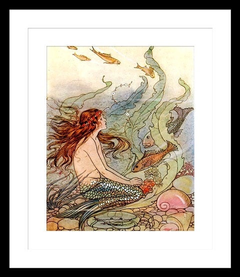 Little Mermaid Vintage Art Print Hand Colored Plate 8x10 inch or A4 Poster Sign P132