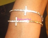 Sale Beaded Silver or Gold  Crystal Curved Cross Bracelet