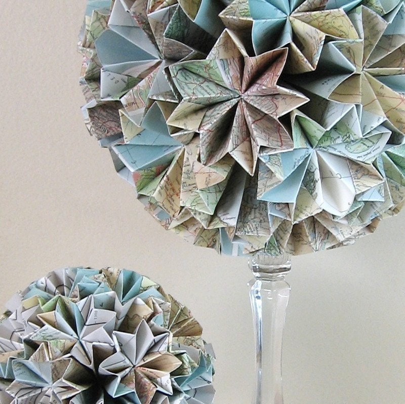 Paper Globe - Large 10 inch Origami Kusudama - Eco Decor - Recycled Map Paper