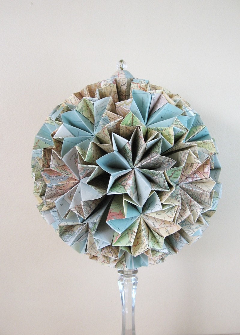 Paper Globe - Large 10 inch Origami Kusudama - Eco Decor - Recycled Map Paper
